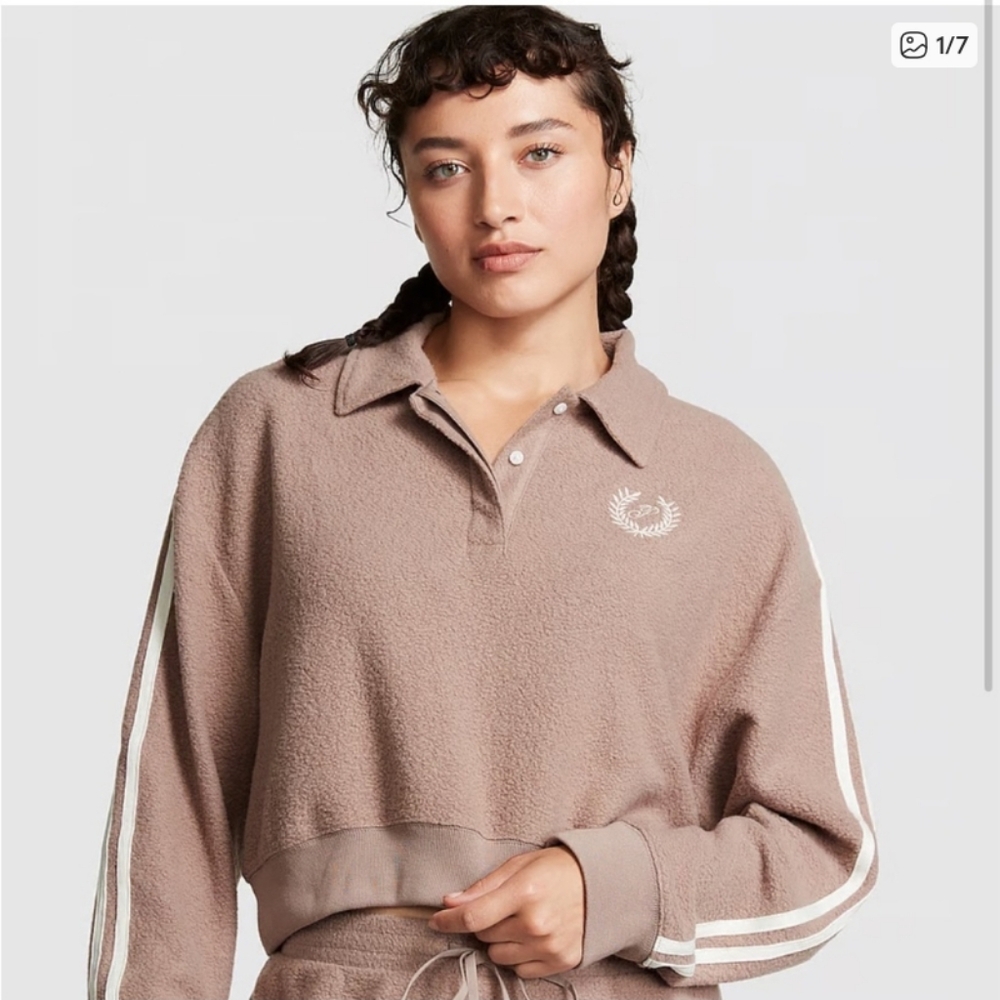 PINK Victoria's Secret Iced Coffee Brown Fleece Polo Sweatshirt